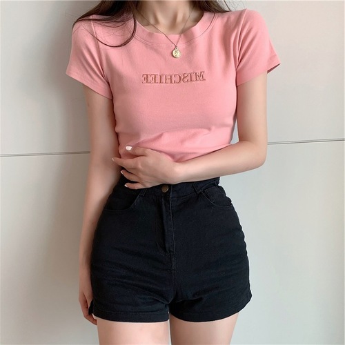 Embroidered Letter Top 2025 Summer New Slim Fit Base Layer Women's Korean Style Short Sleeve Fashion T-Shirt Loose Wholesale