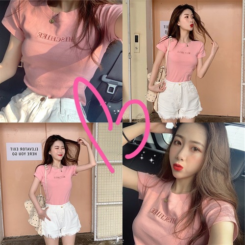 Embroidered Letter Top 2025 Summer New Slim Fit Base Layer Women's Korean Style Short Sleeve Fashion T-Shirt Loose Wholesale