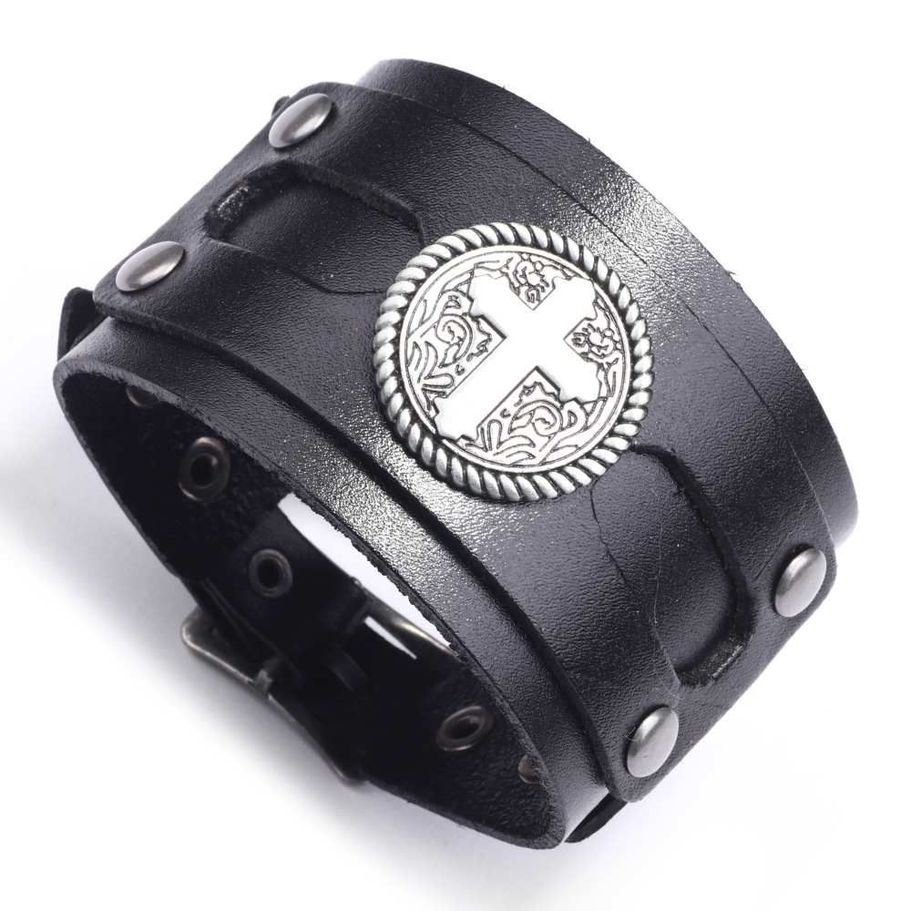 Pulsera de cuero de vaca de estilo punk popular europeo y americano Cruz ancha pulsera de cuero de los hombres transfronteriza Venta caliente fábrica al por mayor