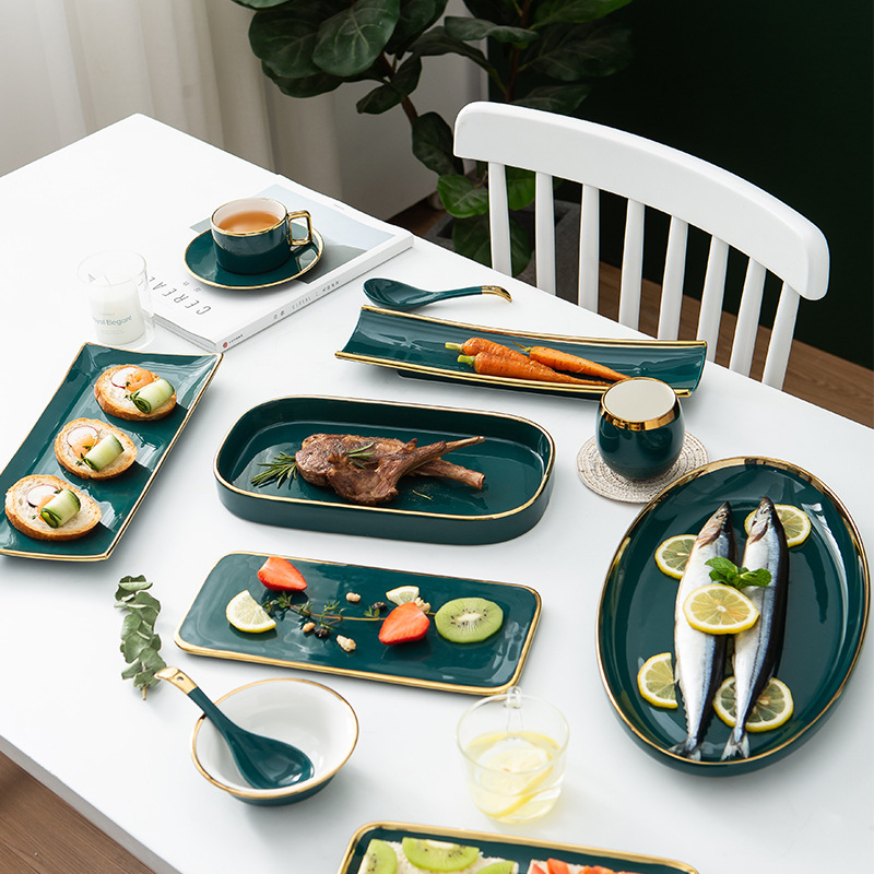 Light Luxury Green Phnom Penh Ceramic Tableware Creative Sushi Baking Pan Breakfast Dishes Spoon Coffee Cup and Saucer Set Wholesale