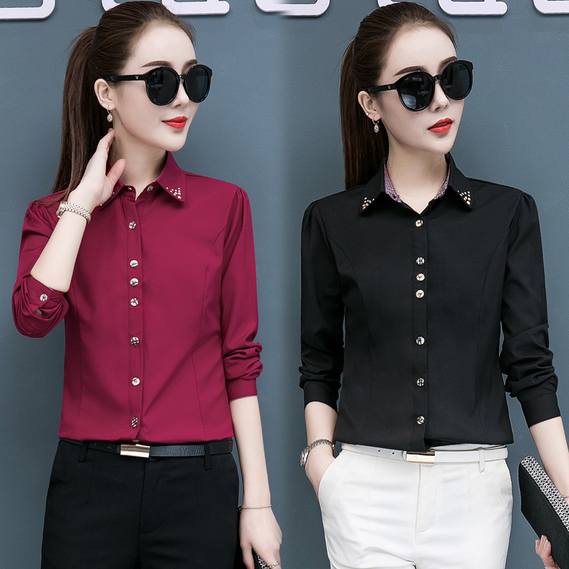 Primavera y otoño nueva camisa blanca de las mujeres de manga larga de estilo coreano a juego de colores a cuadros profesionales formales desgaste trajes negros de mujer