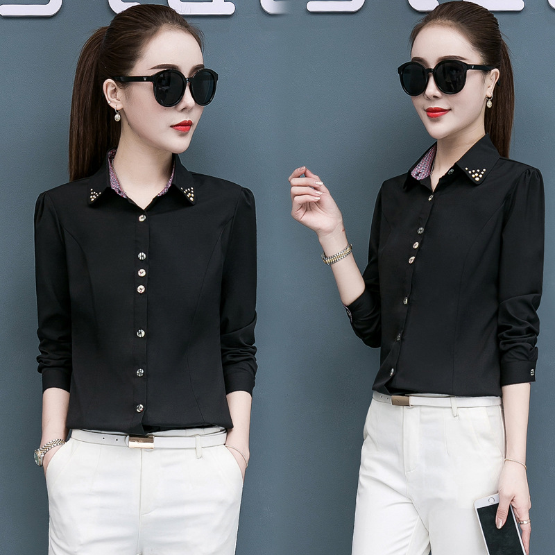 Primavera y otoño nueva camisa blanca de las mujeres de manga larga de estilo coreano a juego de colores a cuadros profesionales formales desgaste trajes negros de mujer