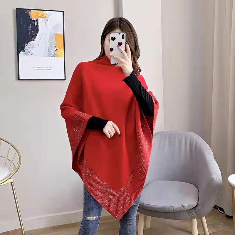 Nuevo rhinestone caliente fuera del cuello de la camisa del Batwing pin camisa de las mujeres pullover temperamento diosa estilo adelgazante versátil primavera y otoño chal exterior