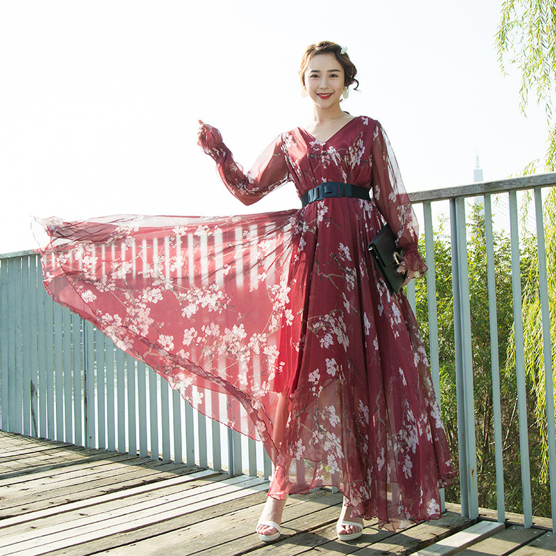 2023 early spring new retro gentle style v-neck floral print chiffon loose dress mid-length dress women's clothing 2023 early spring new retro gentle style v-neck floral print chiffon loose dress mid-length dress women's clothing