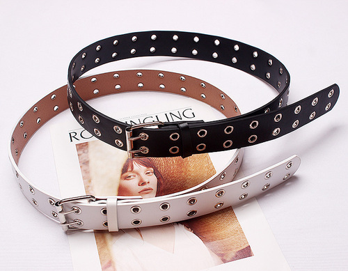 Women's Belt Manufacturer Wholesale Double Row Steam Eye Hip-Hop Trendy Leather Metal Hollow Women's Punk Belt