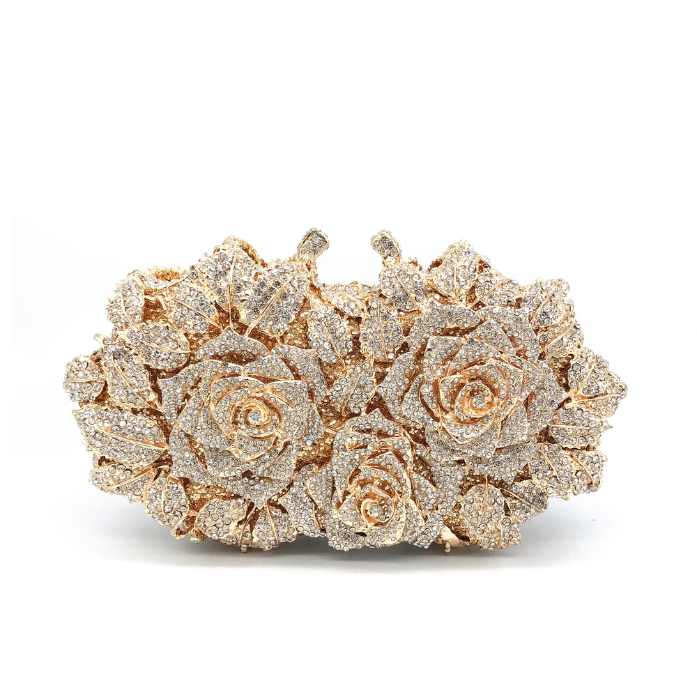 Premium Hollow-Out Rose Diamond Evening Bag Metal Hard Box Clutch For Women's Formal Gowns - Thumbnail 7