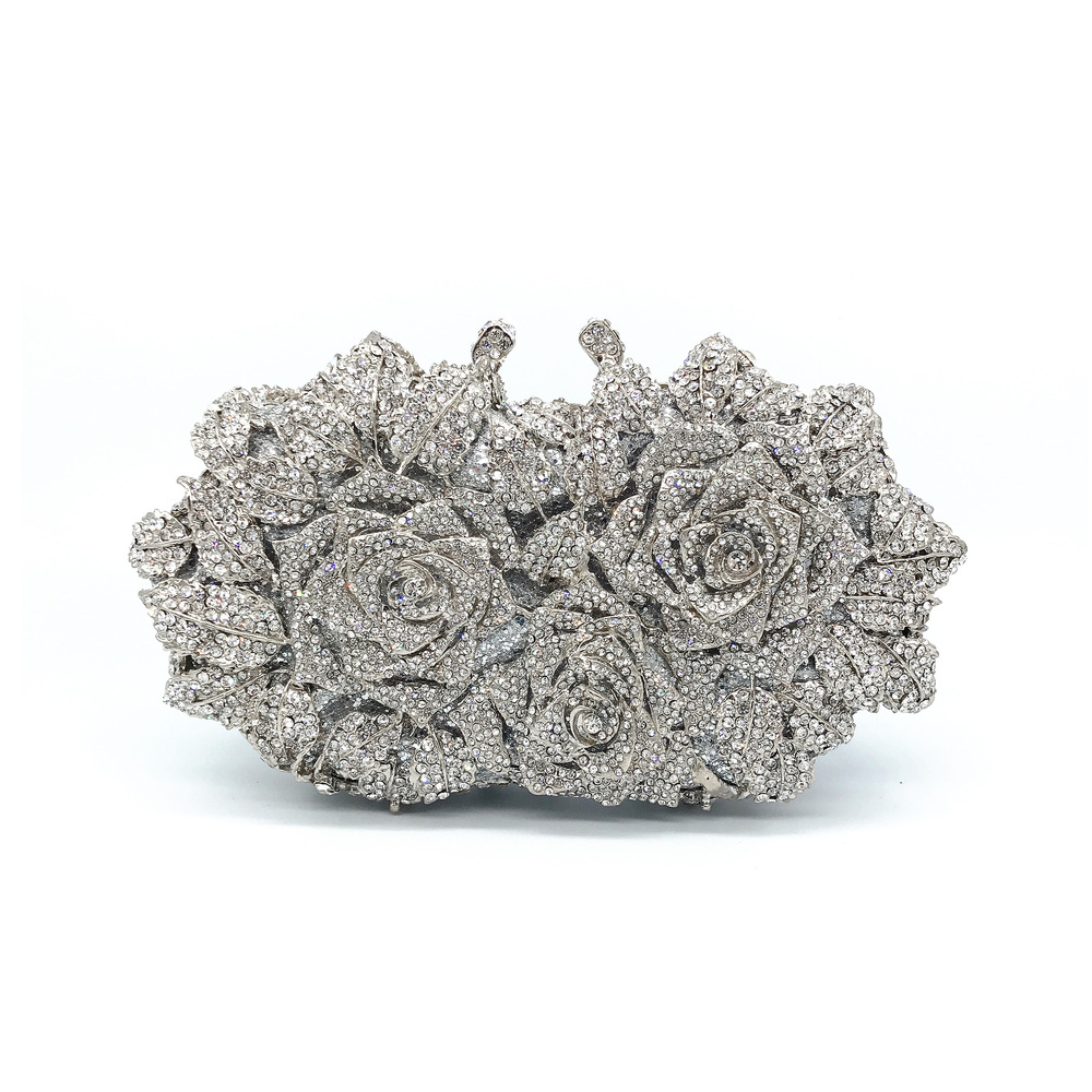 Premium Hollow-Out Rose Diamond Evening Bag Metal Hard Box Clutch For Women's Formal Gowns - Thumbnail 6