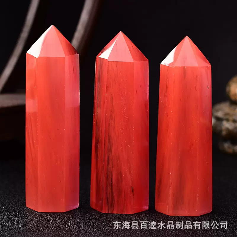 红色熔炼石六棱柱摆件水晶柱子石头矿物标本红晶石宝石矿物晶体