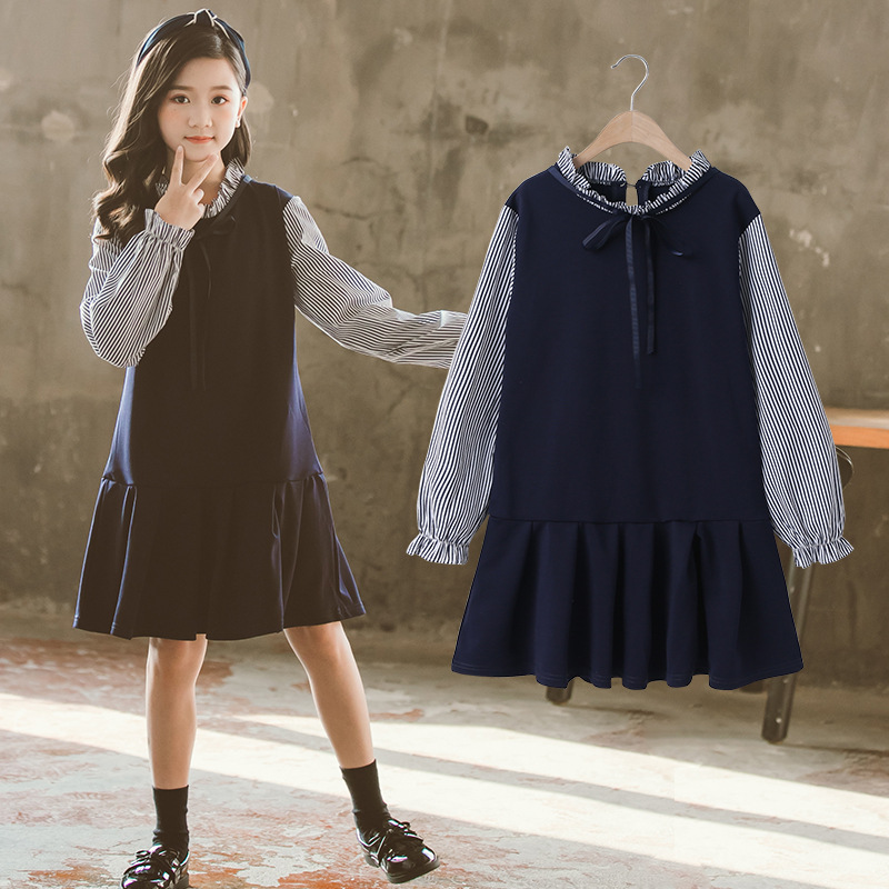 2023 Girls' Spring and Autumn Dress New Fashionable Girl's Long Sleeve Skirt Large Children's Vertical Long Skirt