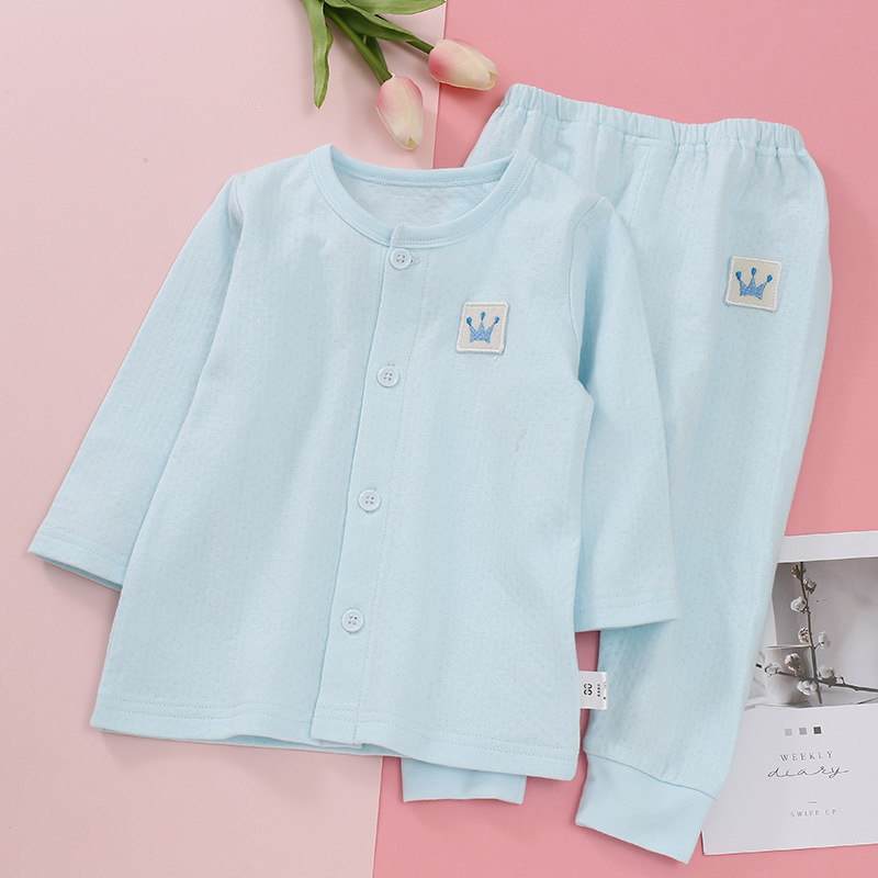 Girls' Autumn New Crown Flat Waist Front Opening Button Underwear Suit Solid Color Casual Printed Round Neck Suit