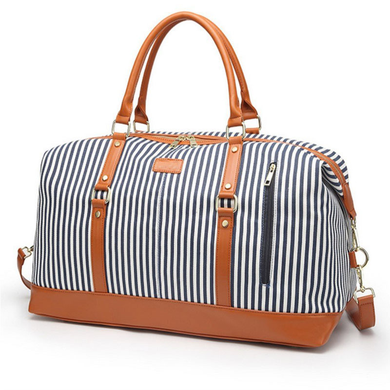 Trendy Weekend Striped Travel Bag Travel Bag Handbag PU Leather Trim Canvas Night Bag