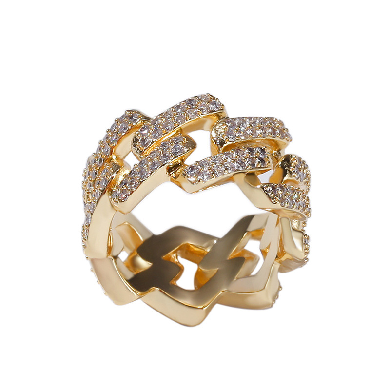 New Micro-Paved Zircon Men's European And American Hot-Selling 2-Row Diamond Electroplated Real Gold Hip-Hop Cuban Ring_voghion.com