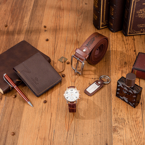 Men's Gift Set Belt Wallet Perfume Keychain Large Dial Quartz Watch Pen Great Gift Choice