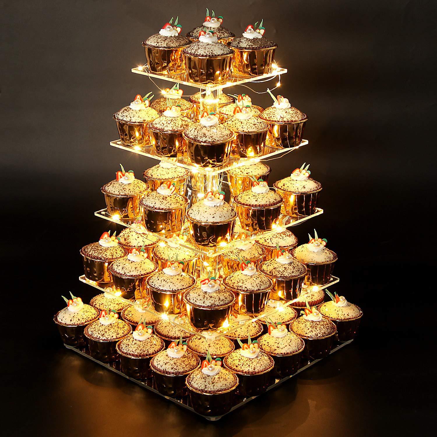 5 Layer Square led Acrylic Pastry Wedding Cake Rack Transparent Layer Tall Round Dessert Rack Cake Rack