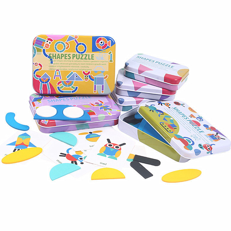 Divertido rompecabezas de forma creativa geométrica caja de hierro para niños rompecabezas de madera rompecabezas de inteligencia juguete de educación temprana
