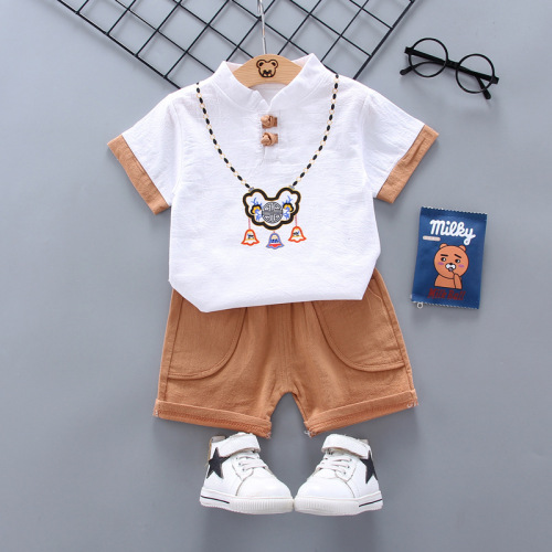 Children's clothing short-sleeved suit 2020 new Korean version cotton and linen longevity lock two-piece set short-sleeved T-shirt shorts casual wear summer