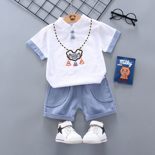 Children's clothing short-sleeved suit 2020 new Korean version cotton and linen longevity lock two-piece set short-sleeved T-shirt shorts casual wear summer