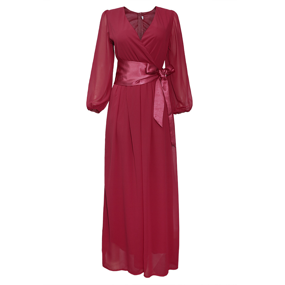 Cross-border Source African Plus Size Women's AliExpress ebay Chiffon Silk Waist Bow Evening Dress