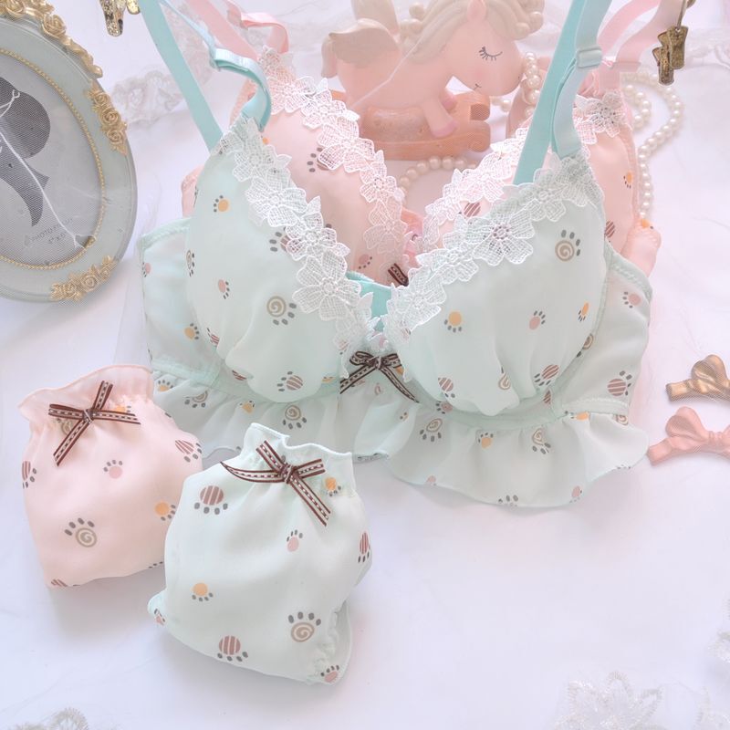 Long-term Japanese sweet small fresh deep V thin Cup underwear hollow flower embroidery bra set with large size A- E Cup