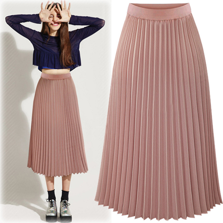 8889# skirt women's spring and summer ins simple chin style mid-length chiffon pleated skirt slimming pleated skirt