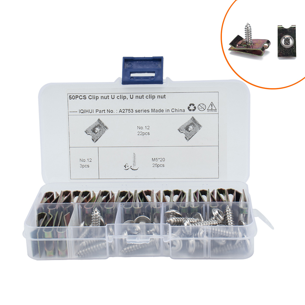 跨境50只装-镀锌U型弹片螺母 簧片螺母配带垫自攻螺丝