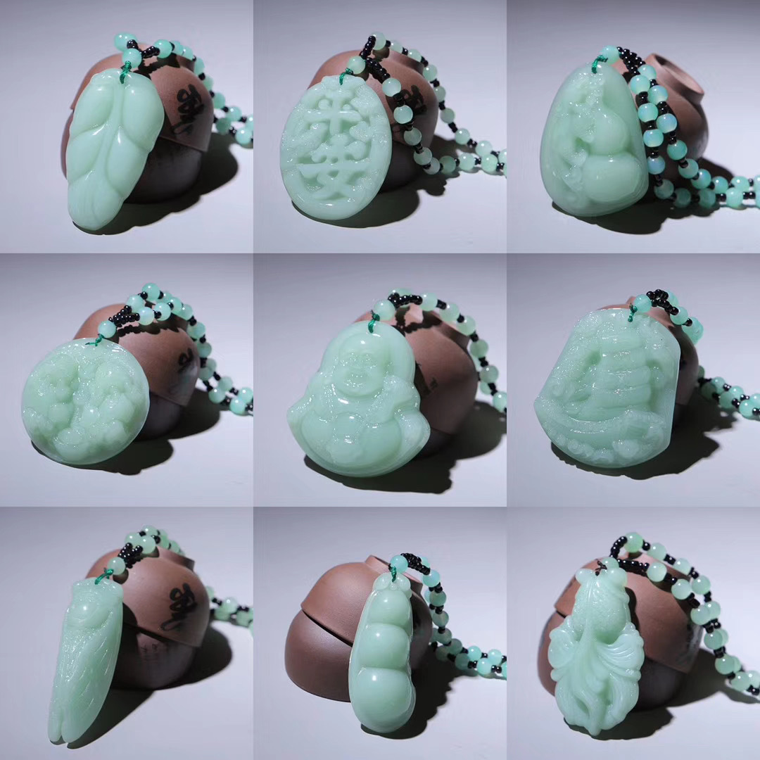 2020平安牌翡翠吊坠圆珠链年年有鱼仿玉石项链女菩萨像毛衣链批发