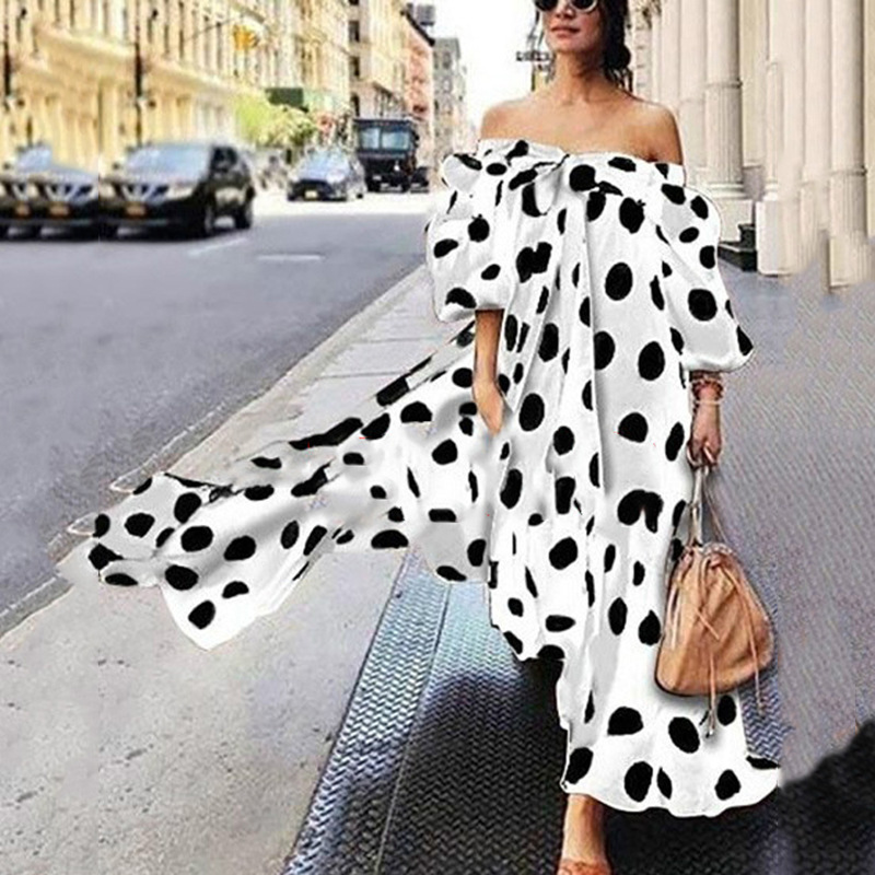 2021 European and American Foreign Trade Women's dress Amazon Shoulder Polka Dot Casual Bohemian Dress Slim Dress