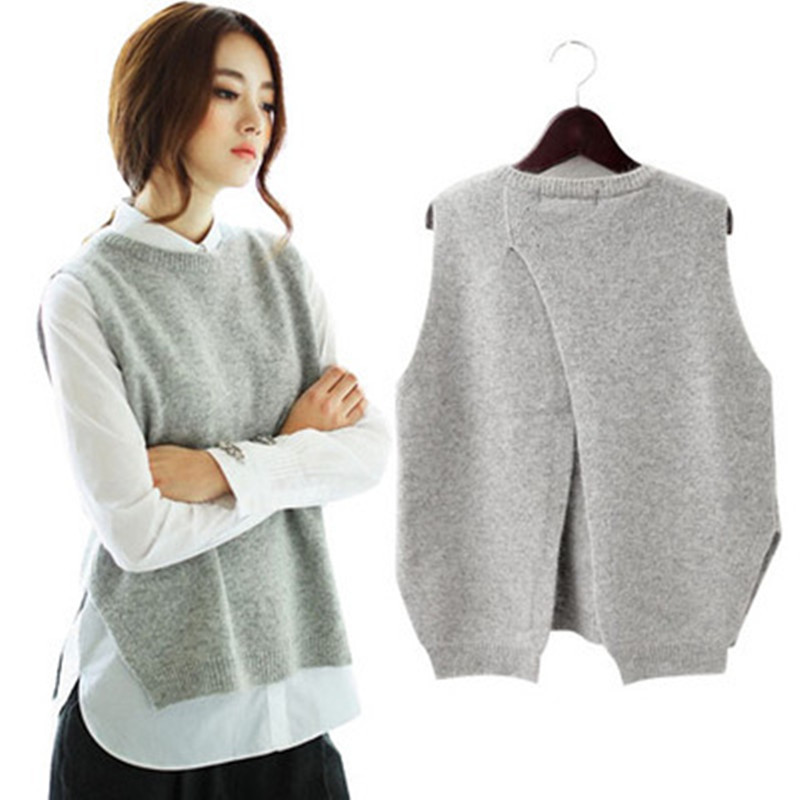 Primavera y otoño chaleco de lana suelta suéter chaleco versátil de las mujeres estilo coreano sin mangas dividida chaleco Delgado suéter