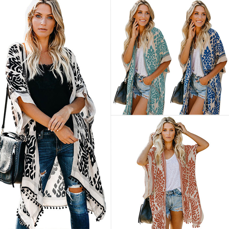 2025 European and American Bali-Style Seaside Vacation Cardigan Short-Sleeved Printed Pom-Pom Kimono Cover-Up Mid-Length Coat for Women
