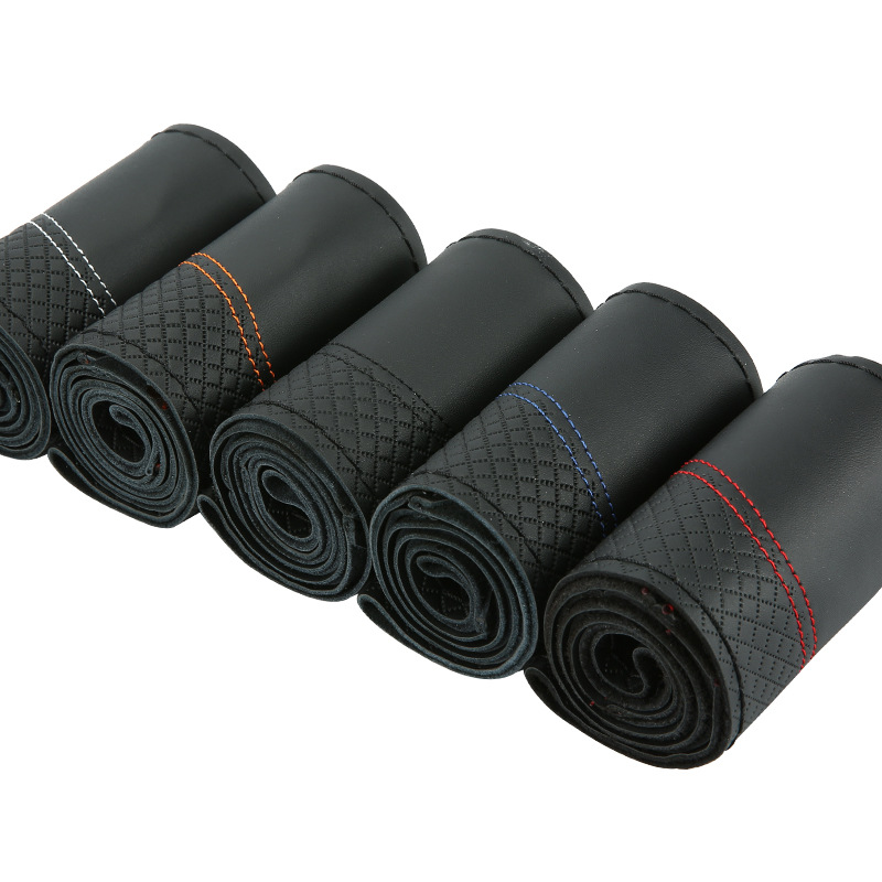 Primera capa de piel de vaca en relieve doble línea de coser a mano cubierta del volante cuatro estaciones de cuero universal cubierta de la manija del coche #1134