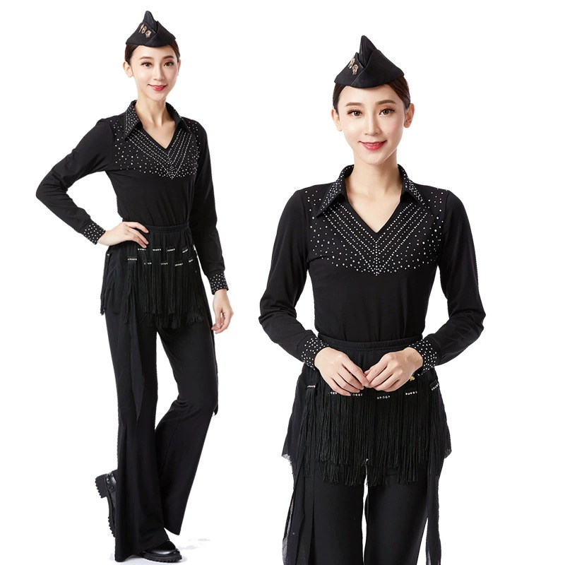 Костюм для танцев моряка, новый осенний топ с длинными рукавами и V-образным вырезом, инкрустированный бриллиантами, женская танцевальная одежда, футболка для выступлений