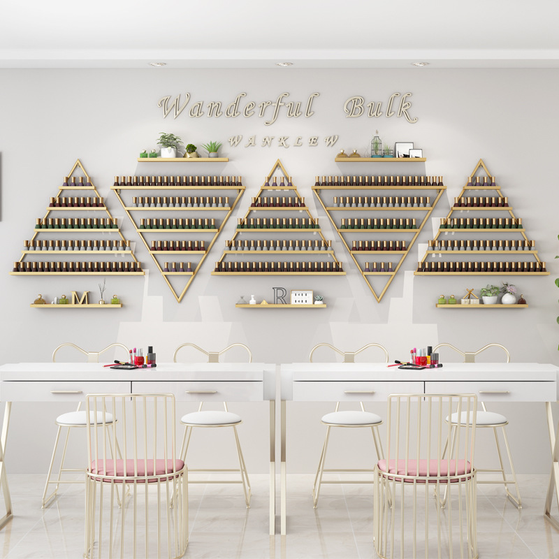 Salón de uñas de hierro esmalte de uñas estante triángulo de esmalte de uñas de pantalla estante de almacenamiento montado en la pared