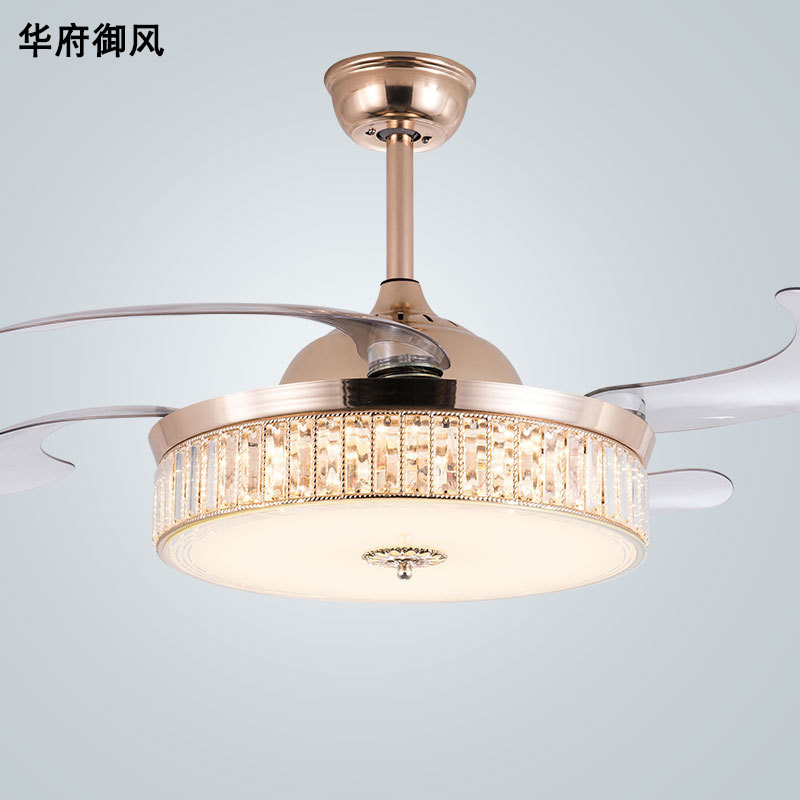 Led invisible European crystal fan lamp living room dining room bedroom ceiling fan lamp modern simple ceiling fan lamp