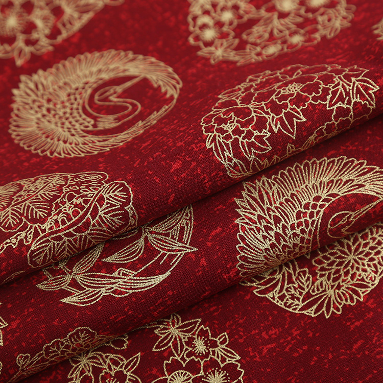 现货100棉和风面料 日系烫金工艺布 国风团花服装童装旗袍唐装