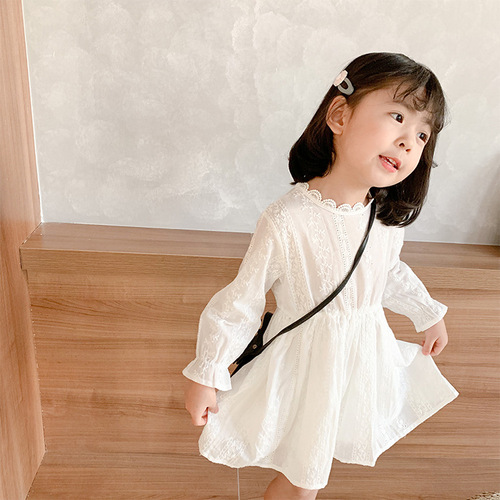  Spring and Autumn Girls White Lace Dress Children's Long Sleeve Princess Dress Western Style Girl Palace Style A-Line Dress