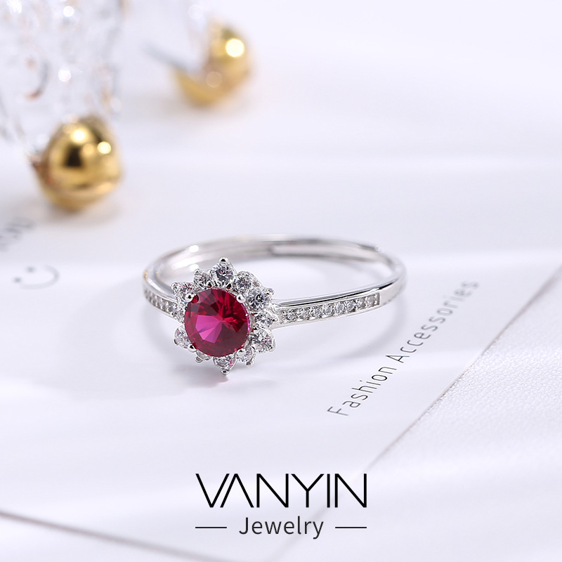 Wanying Jewelry Red Garnet Ring Women's 925 Sterling Silver Sunflower Diamond Ring Wedding Ring ins Internet Celebrity Silver Customization