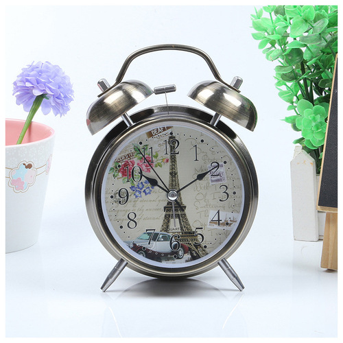 Factory Supply 4-inch Metal Plated Red Bronze Green Bronze Alarm Clock Night Light Creative Bell School Student Table Clock