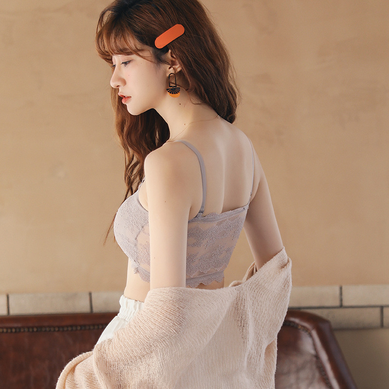 20 top de tubo de encaje de primavera correa de hombro desmontable de una palabra para niña corta envuelta en el pecho sin anillo de acero con ropa interior de sujetador de almohadilla para el pecho