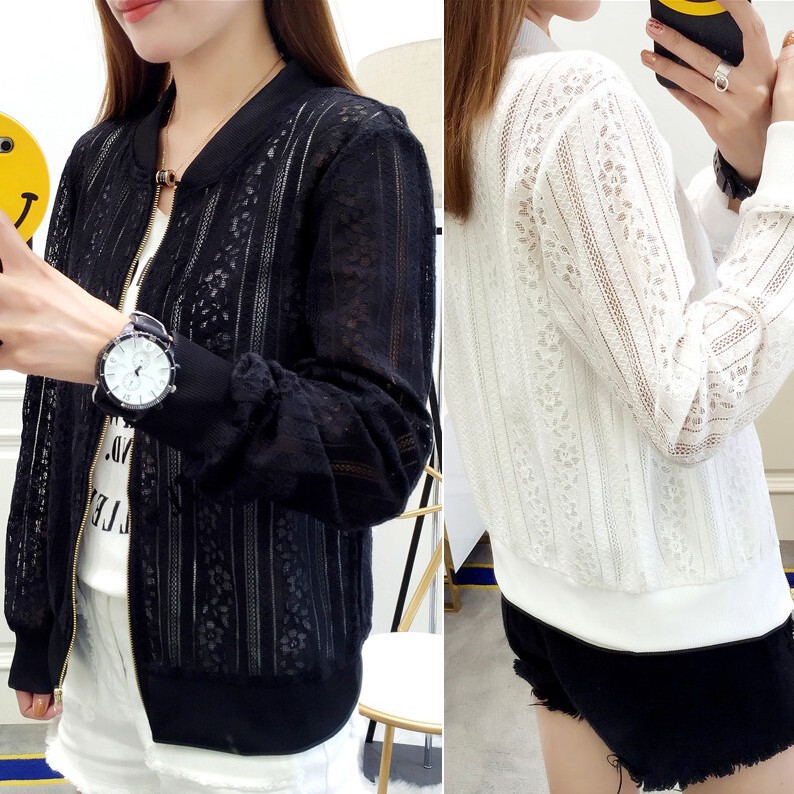 Summer new long-sleeved lace shirt outdoor sun protection clothing women's hollow short slim simple zipper baseball jacket Summer new long-sleeved lace shirt outdoor sun protection clothing women's hollow short slim simple zipper baseball jacket