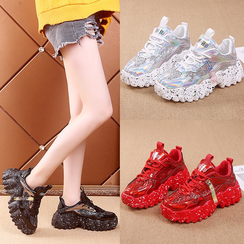 Women's Dad Shoes Spring 2026 New Korean Style Large Wave Snowflake Sole Platform Thick Sole Height-Increasing Sequin Sneakers for Women Women's Dad Shoes Spring 2026 New Korean Style Large Wave Snowflake Sole Platform Thick Sole Height-Increasing Sequin Sneakers for Women