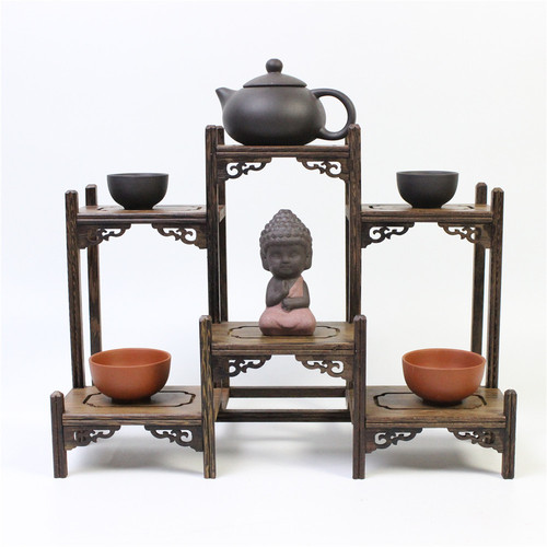 Chicken-wing wood small display shelf, teapot stand, tea set, porcelain vase, multi-treasure cabinet, miniature display shelf—Chinese-style decor