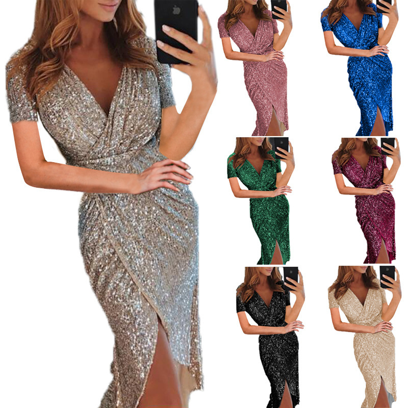 2026Wish European and American New Style Women's Gold-Stamped Long-Sleeve V-Neck Shiny Dress Evening Gown Sexy Dress 2026Wish European and American New Style Women's Gold-Stamped Long-Sleeve V-Neck Shiny Dress Evening Gown Sexy Dress