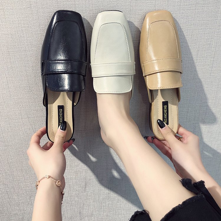Zapatillas medias de las mujeres 2023 verano nuevo punta cerrada costura de cuero transpirable mediados talón señoras zapatillas Cabeza Cuadrada