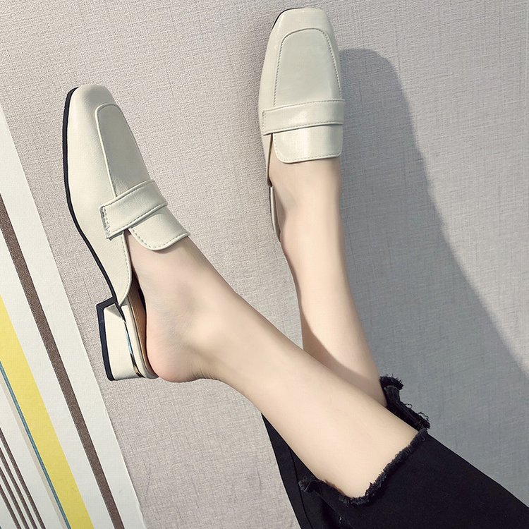 Zapatillas medias de las mujeres 2023 verano nuevo punta cerrada costura de cuero transpirable mediados talón señoras zapatillas Cabeza Cuadrada
