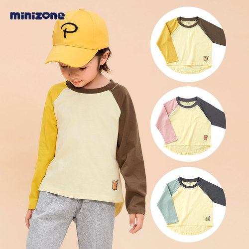 minizone autumn clothing children's early spring new contrast raglan long-sleeved T-shirts for older children casual round neck tops trendy