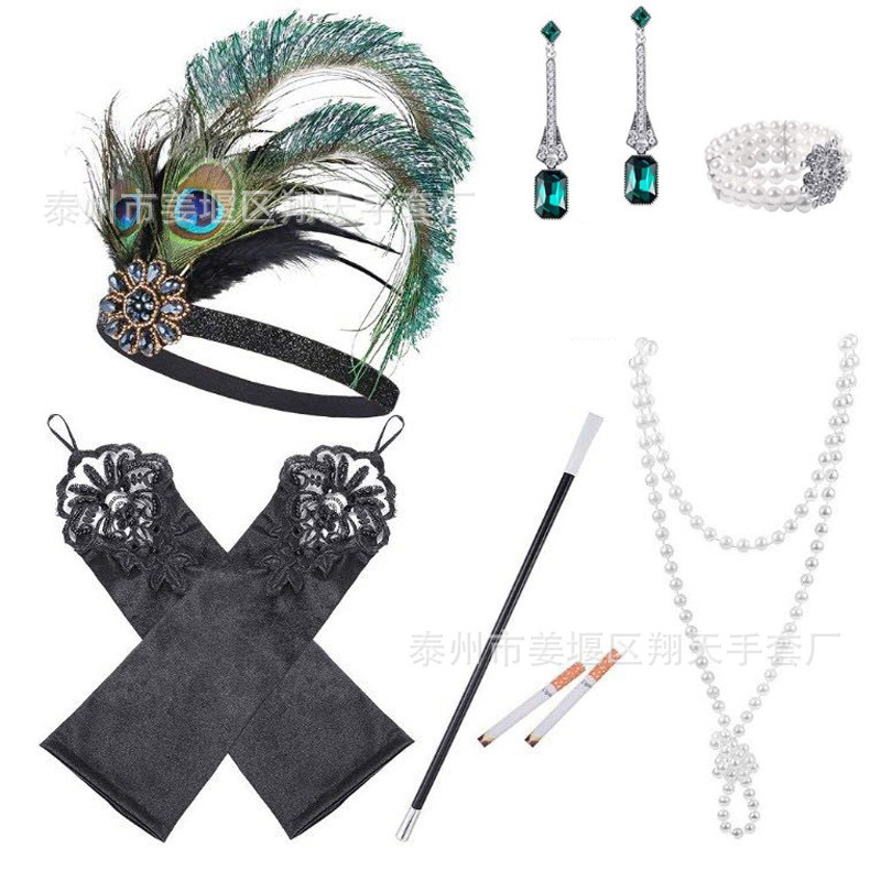 Gatsby Hepburn Set 1920 s Retro Dance Set Hair Band Headwear Gloves Necklace Earrings