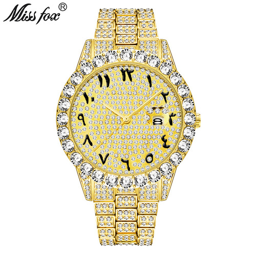 MISSFOX cross-border diamond-encrusted stainless steel full-diamond men's watch, fashionable hip-hop large dial quartz watch manufacturer