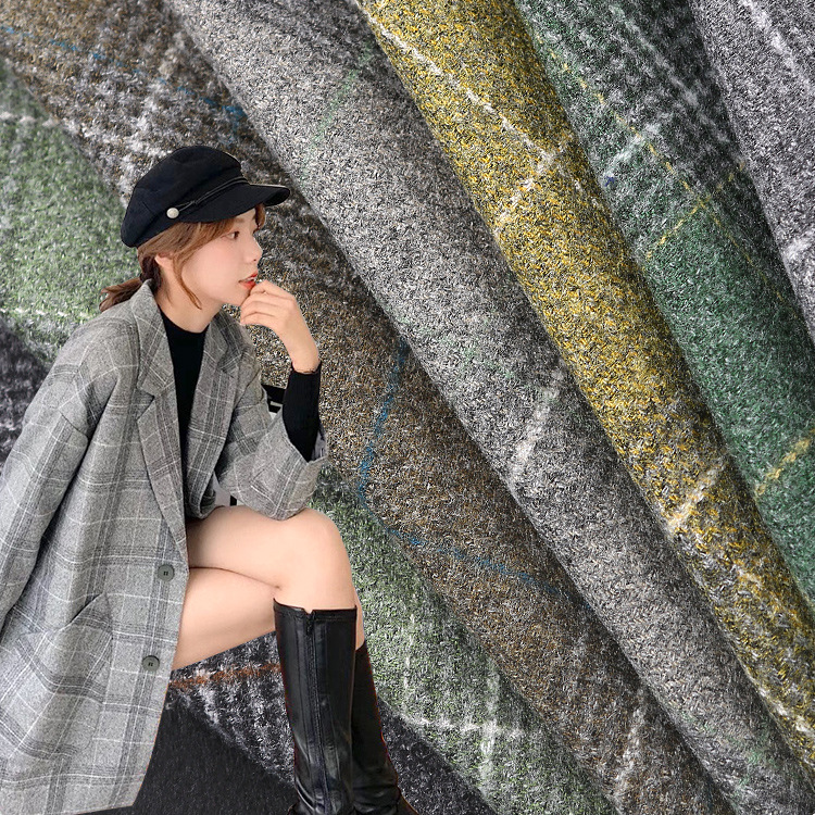 现货秋冬呢大衣格子布 涤纶毛料厚外套布料 女装西装时装面料