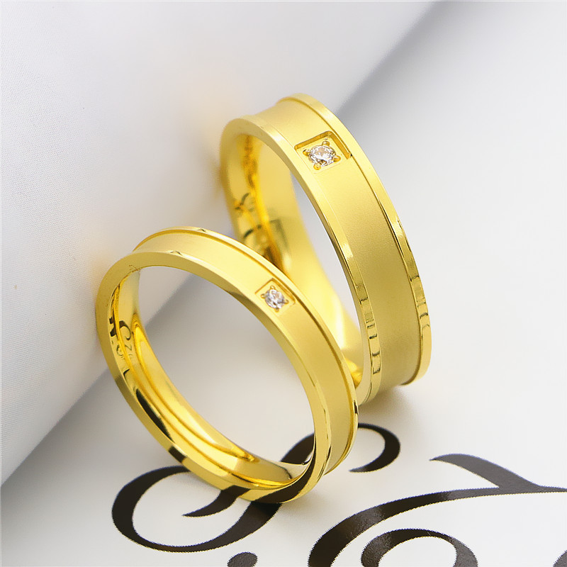 Owello Korean-Style Steel Couple Rings with Diamonds, Gold-Plated, Simple and Fashionable, Matte Trendy Chinese-Style Festive Rings