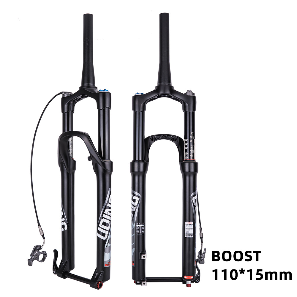 Tenedor delantero de bicicleta de montaña Tubo cónico de 29 pulgadas Eje de barril controlado por cable Carrera 140 Tenedor de aire de aleación de magnesio Tenedor delantero bloqueable